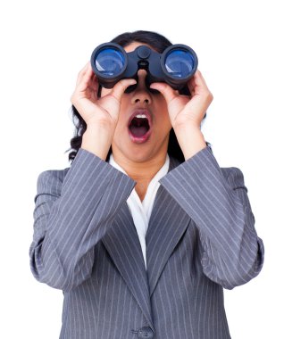 Astonished businesswoman looking through binoculars clipart