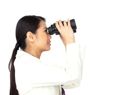 Visionary businesswoman looking through binoculars clipart