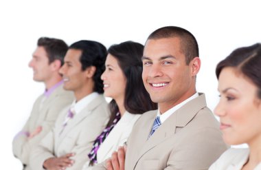 Charming businessman and his team lining up clipart