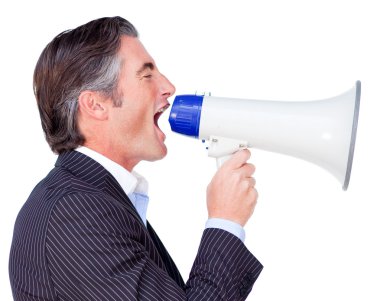 Businessman shouting instructions through a megaphone clipart