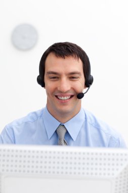 Young customer service agent with headset on clipart