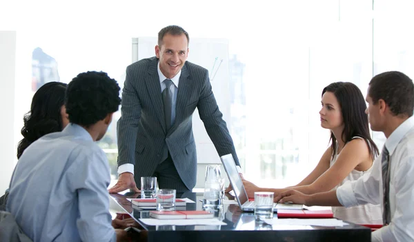 Business studerar en ny plan i ett möte — Stockfoto