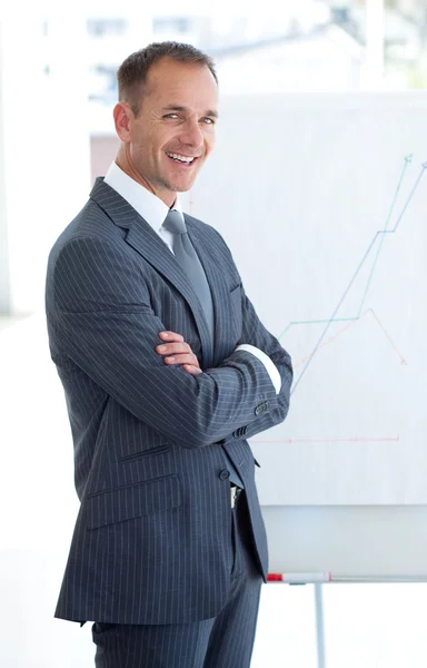 Mature businessman reporting to sales figures — Stock Photo, Image