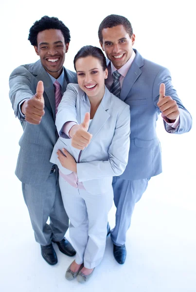 Equipe de negócios feliz com polegares para cima — Fotografia de Stock