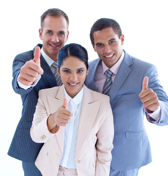 Sorrindo equipe de negócios com polegares para cima — Fotografia de Stock