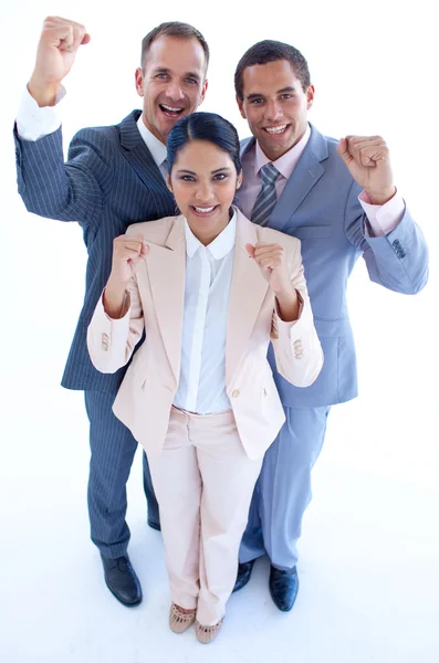 Feliz equipo de negocios celebrando un éxito con los brazos en alto — Foto de Stock
