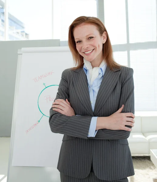 Привлекательная деловая женщина со сложенными руками на презентации — стоковое фото