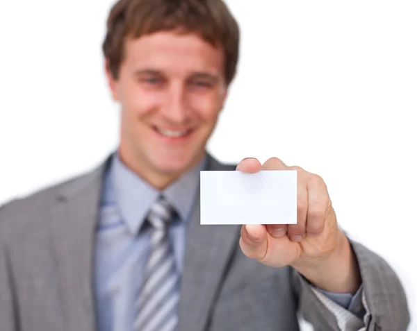 Attractive Businessman showing a business card — Stock Photo, Image