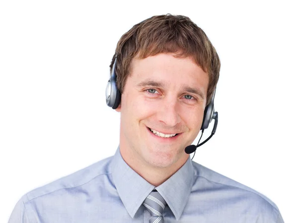 Business Mnan sorridente com fone de ouvido em — Fotografia de Stock