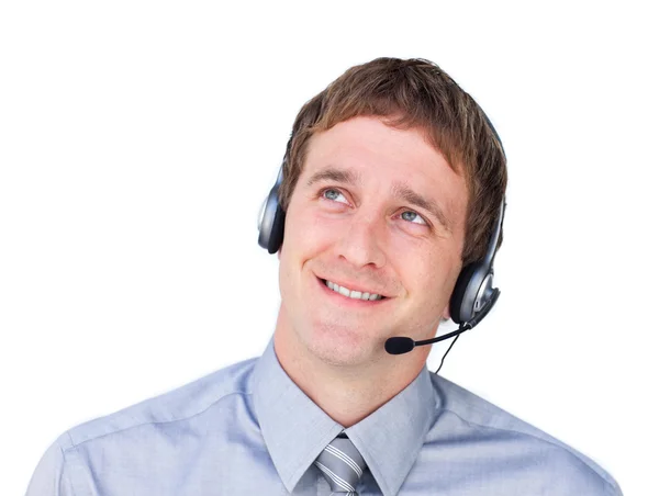 Young businessmnan with headset on looking up — Stock Photo, Image