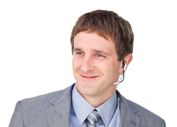 A fülhallgató a fiatal ügyfélszolgálati iroda — Stock Fotó