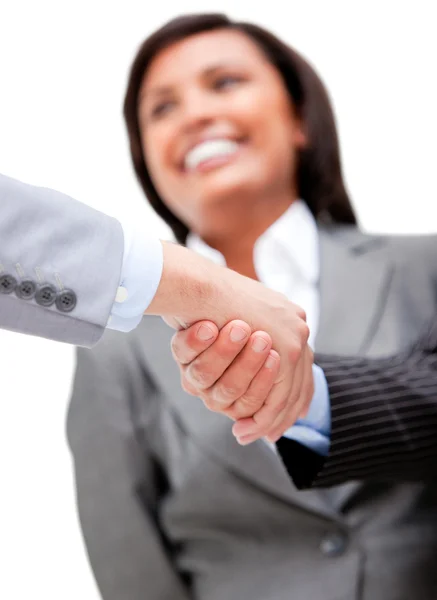 Vrolijke zakenvrouw kijken naar haar partners handen schudden — Stockfoto