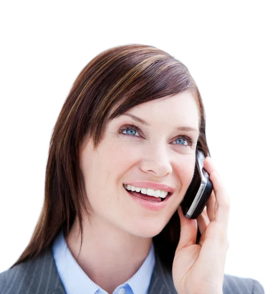 Empresário segurando um telefone no fundo branco — Fotografia de Stock