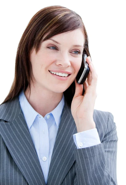 Affärsman hålla en telefon på whitebackground — Stockfoto