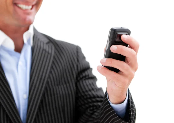 Biznesmen posiadania telefonu na whitebackground — Zdjęcie stockowe