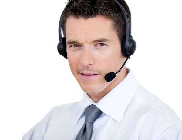 Sebejistí prodejní zástupce muž se sluchátka — Stock fotografie