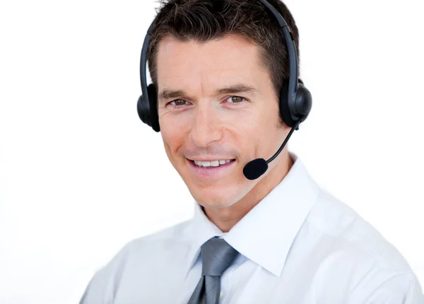 Magabiztos értékesítés reprezentatív férfi egy fejhallgató — Stock Fotó