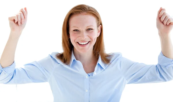 Portrait of a nice business woman punching the air — Stock Photo, Image