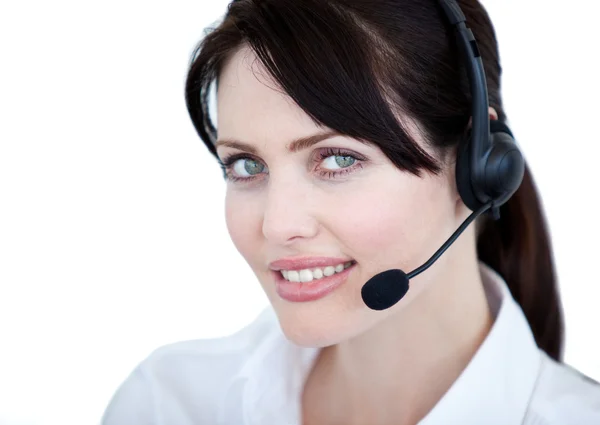Portret van verkoop vertegenwoordiger vrouw met een headset — Stockfoto