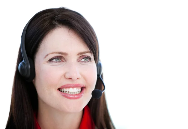 Brunette verkoop vertegenwoordiger vrouw met een headset — Stockfoto