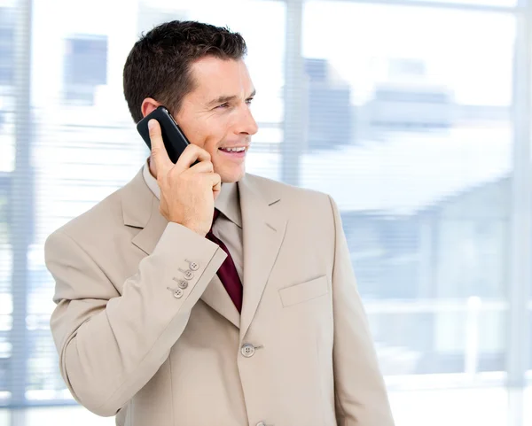 Okouzlující podnikatel hovoří na telefonu stojící — Stock fotografie