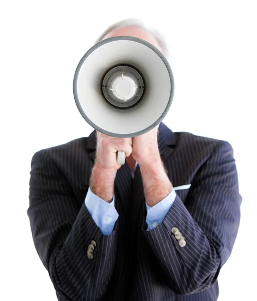 Senior businessman using a megaphone — Stock Photo, Image