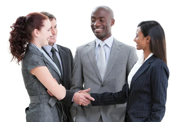 握手を立っている陽気なビジネス パートナー — ストック写真