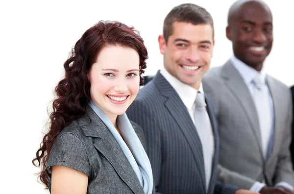 Negócios multiétnicos alegres em uma reunião — Fotografia de Stock