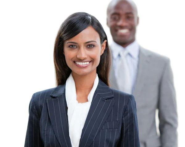 Smiling business standing in a row — Stock Photo, Image