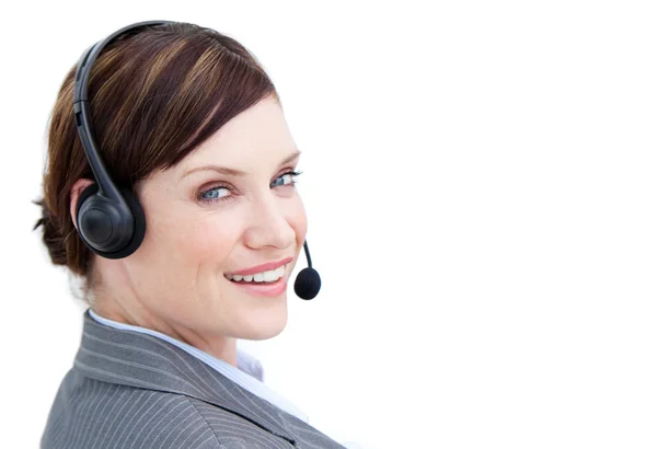 Bright businesswoman with headset on — Stock Photo, Image