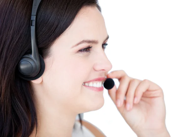 Mujer de negocios feliz usando un auricular para hablar con el cliente —  Fotos de Stock