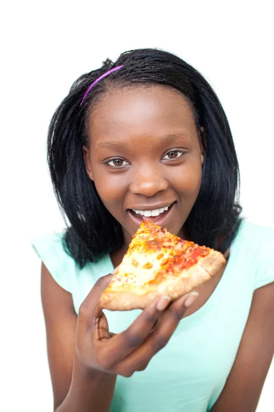 Cheerful young woman eating a pizza — Stock Photo, Image