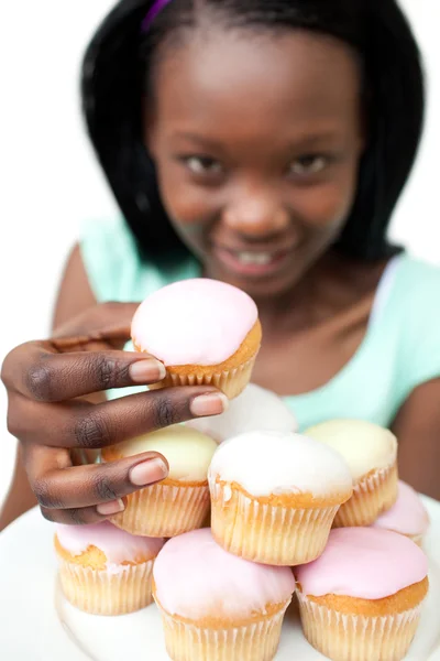 Young woman holding a cake — Stock Photo, Image