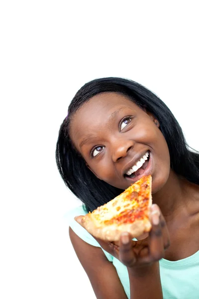 Mulher alegre comendo uma pizza — Fotografia de Stock