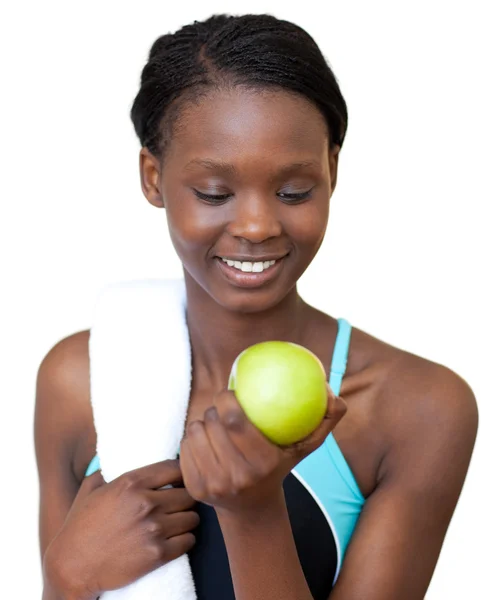 Γυμναστήριο νέοι γυναίκα τρώει ένα μήλο — Φωτογραφία Αρχείου
