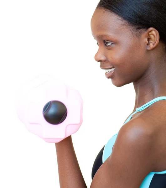 Positive woman working out with dumbbell — Stock Photo, Image