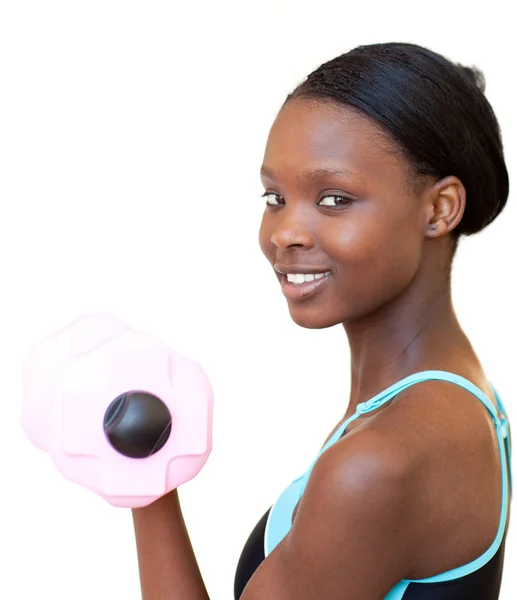 Charming woman working out with dumbbell — Stock Photo, Image