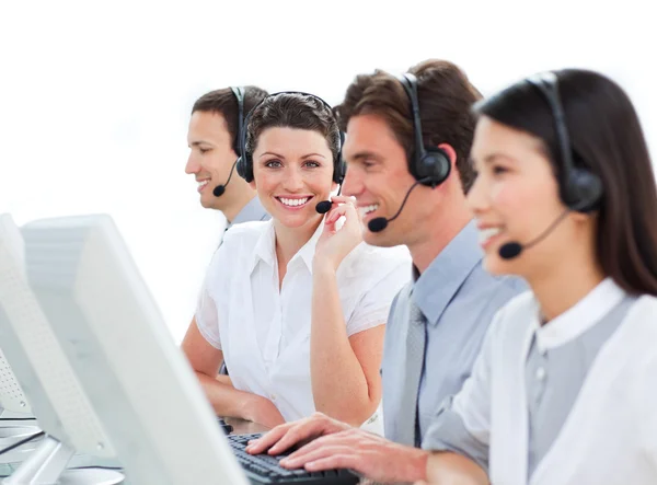 Cheerful business talking on headset — Stock Photo, Image