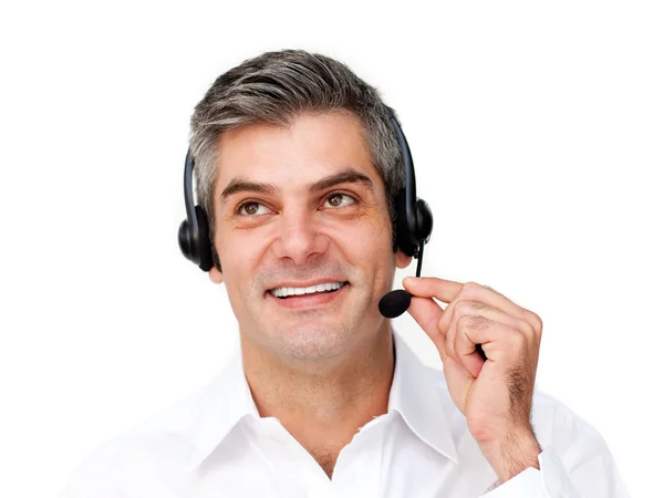 Agente de atendimento ao cliente encantador com fone de ouvido em — Fotografia de Stock