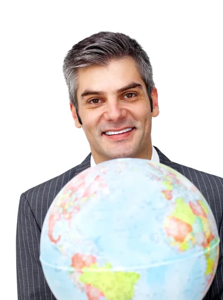 Charisatic businessman holding a terrestrial globe — Stock Photo, Image