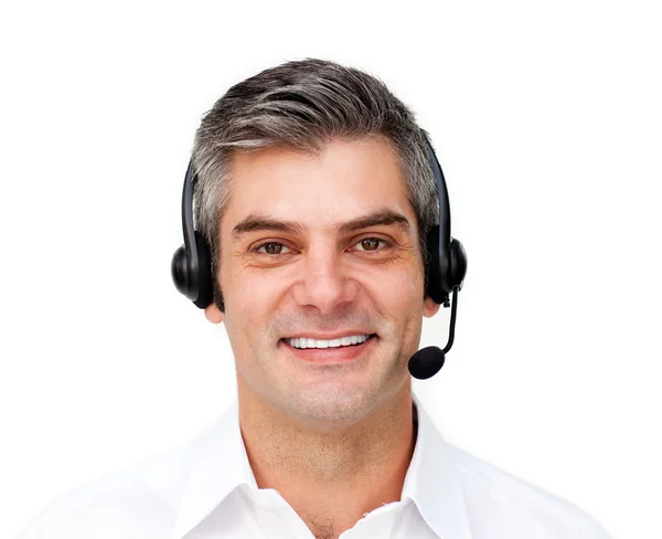 Selbstbewusster Kundendienstmitarbeiter mit Headset an — Stockfoto