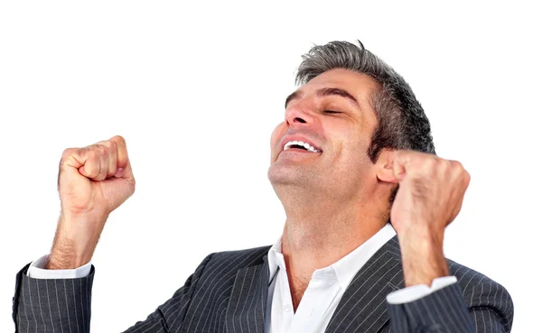 Succesvolle zakenman ponsen de lucht in de viering — Stockfoto