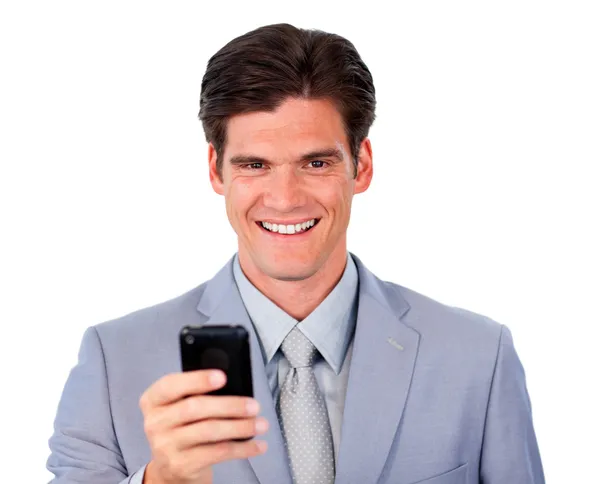Freudiger Geschäftsmann schickt einen Text — Stockfoto