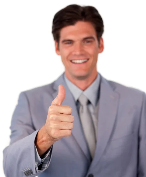 Uśmiechnięty biznesmen z kciukiem w górze — Zdjęcie stockowe