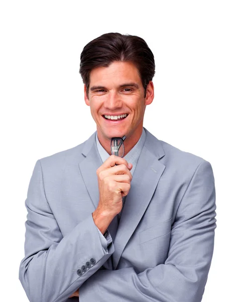 Laughing businessman holding glasses — Stock Photo, Image