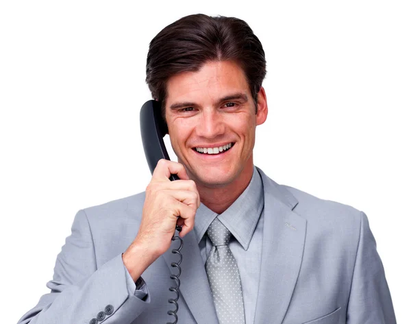 Pozitív férfi ügyvezető, telefon — Stock Fotó