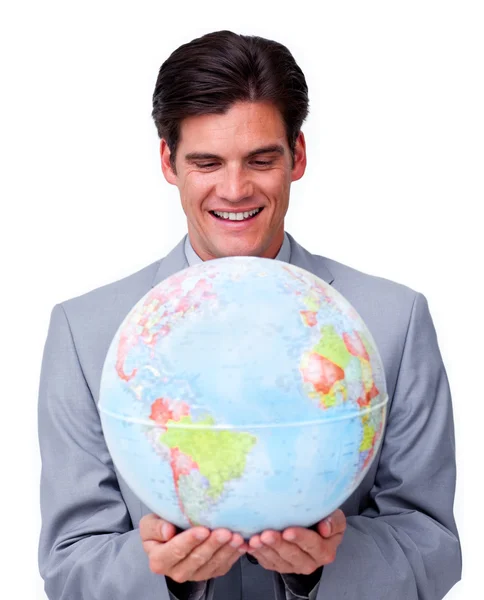 Pewnie biznesmen uśmiechając się działalności globalnej ekspansji — Zdjęcie stockowe