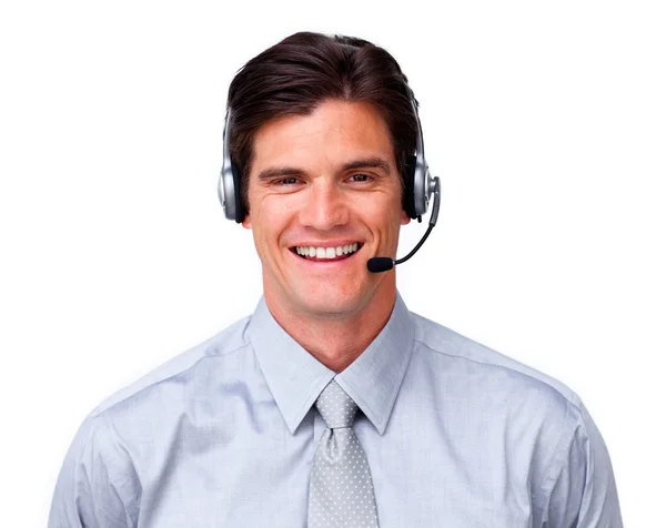 Representante de servicio al cliente feliz con auriculares puestos —  Fotos de Stock