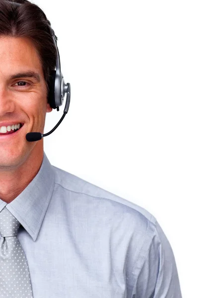 Medewerker van de klantenservice met headset glimlachend op — Stockfoto