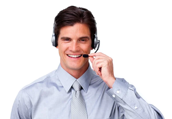 Empresario seguro de sí mismo hablando en auriculares —  Fotos de Stock